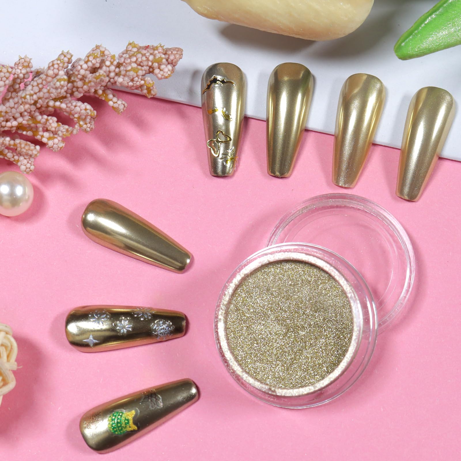 Professional nail art design created with Allstarry gold chrome powder
