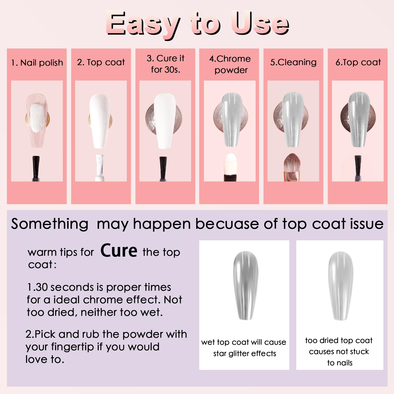 Educational shot showing chrome powder application process on gel nails