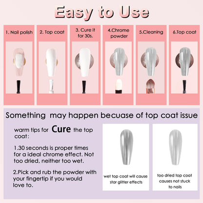 Educational shot showing chrome powder application process on gel nails