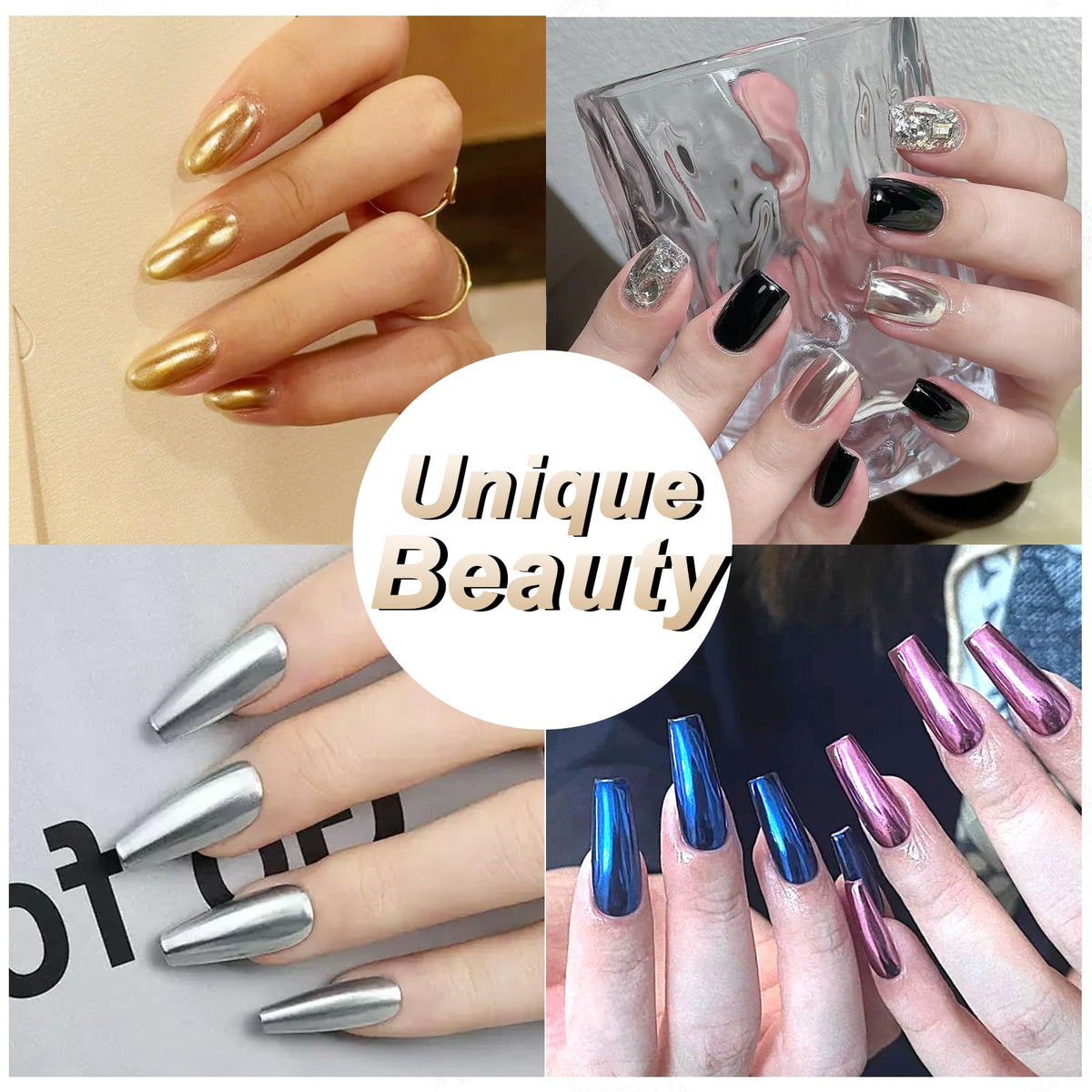 Complete packaging set of Allstarry metallic mirror chrome nail pigment.
