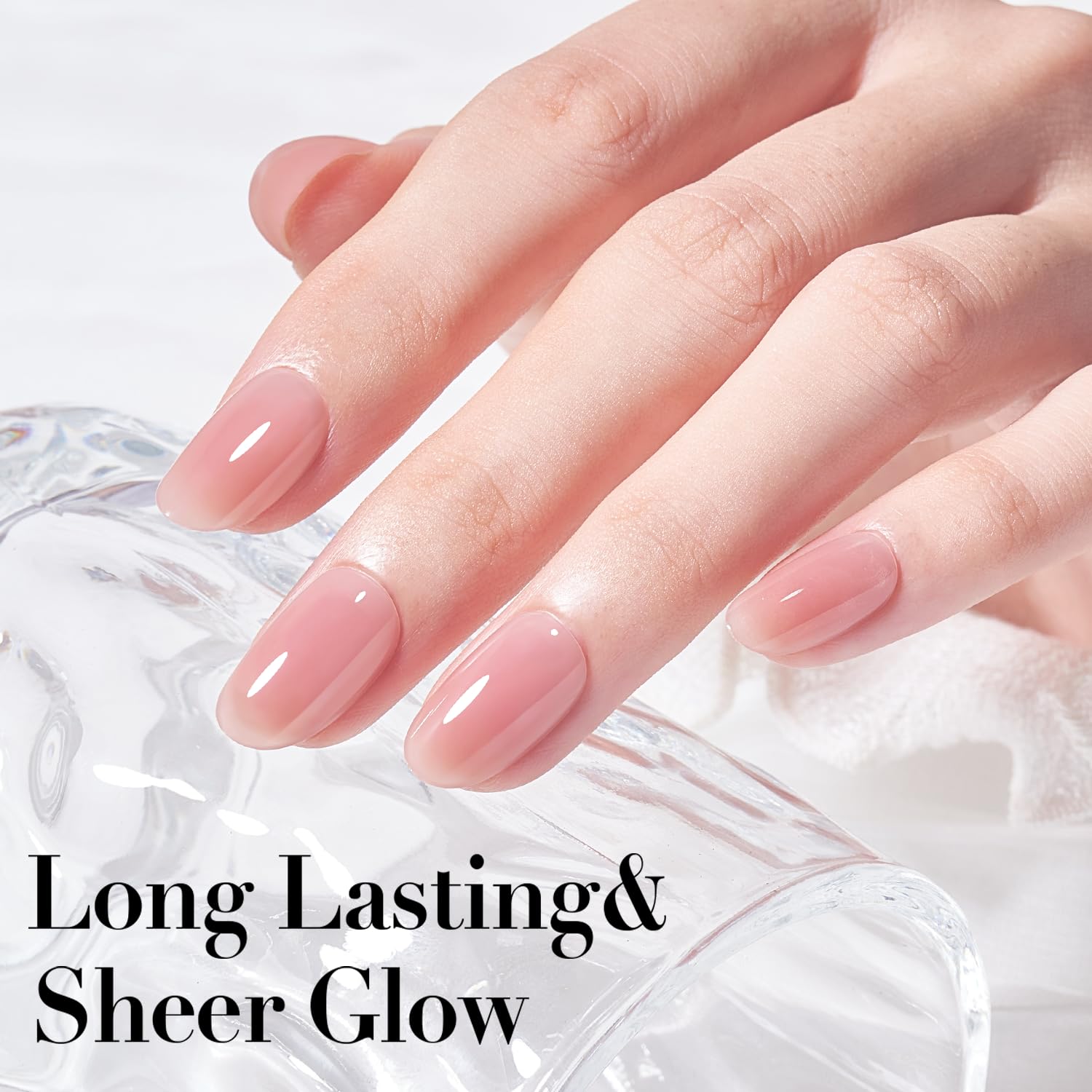 Side by side comparison of sheer jelly pink nail finishes