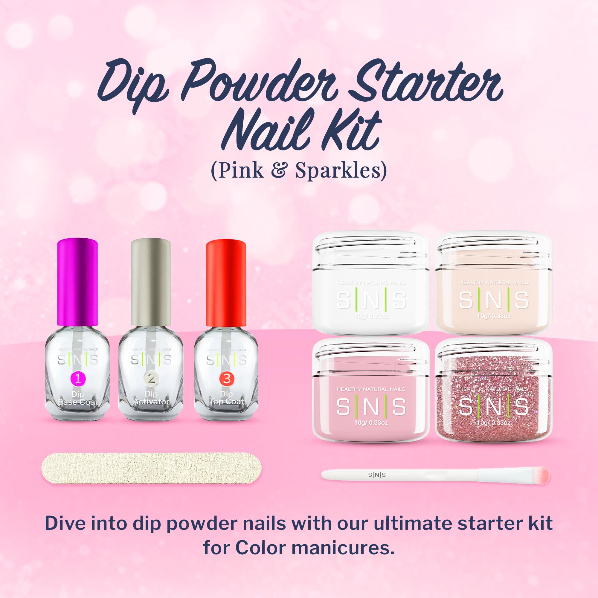 SNS dipping powder kit components including base and top coat