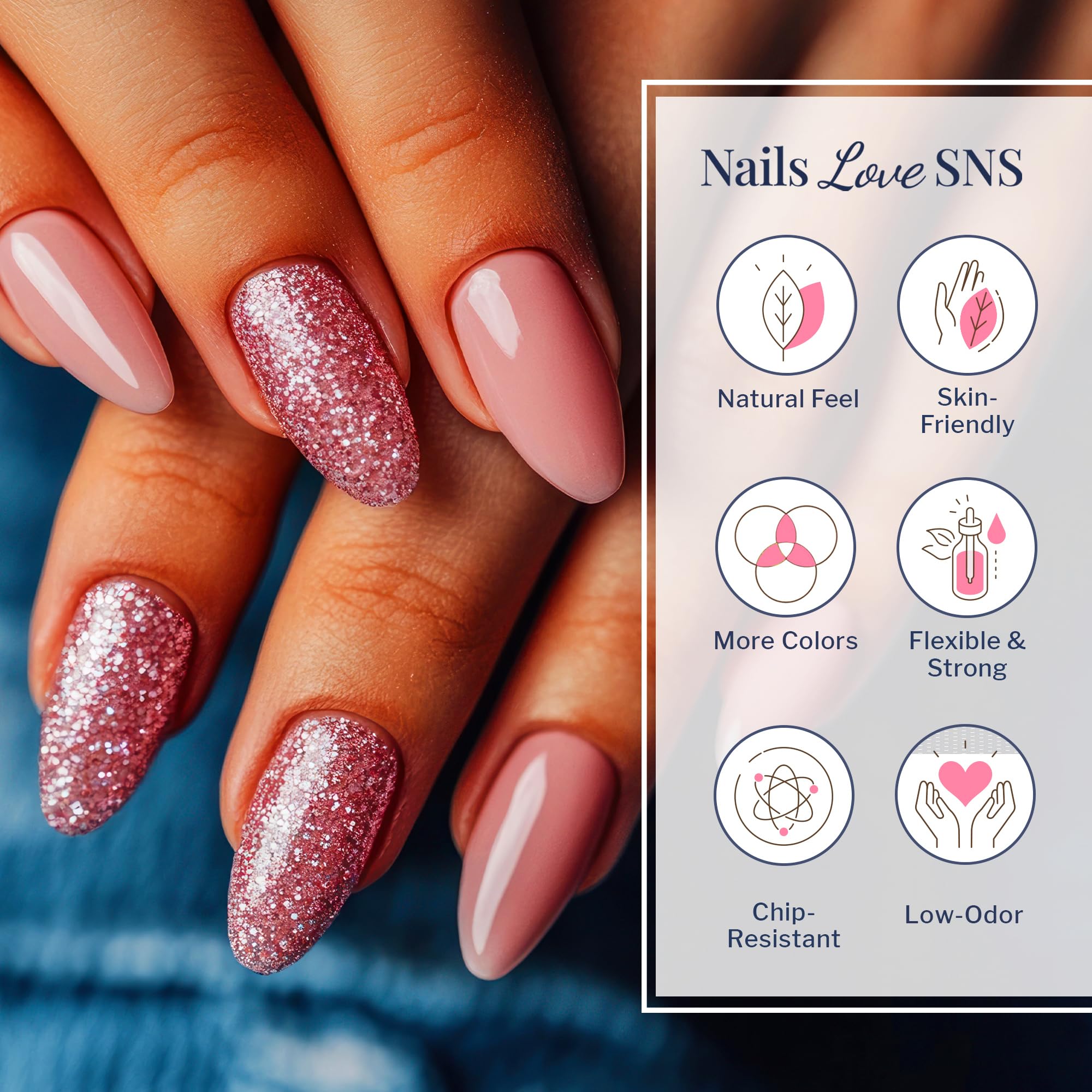 Selection of pink and sparkle dip powder jars for nails