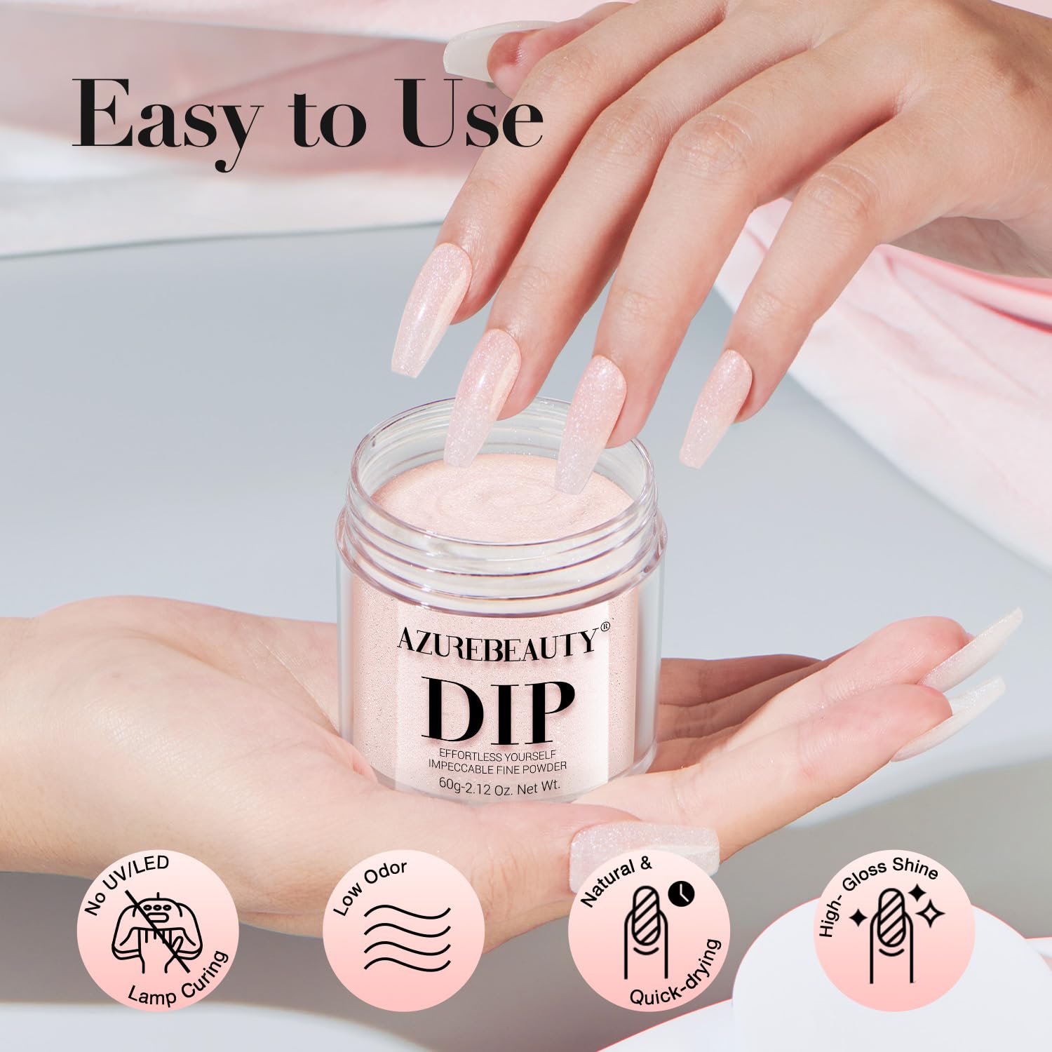 Top view of Azurebeauty rose pink glitter dipping powder