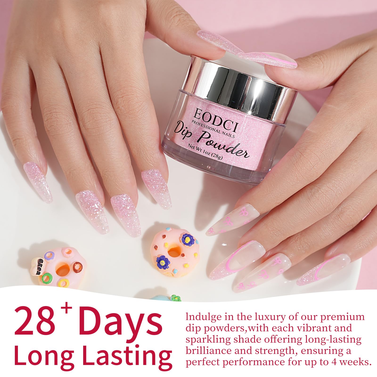 Close up of shimmering pink glitter dip powder texture