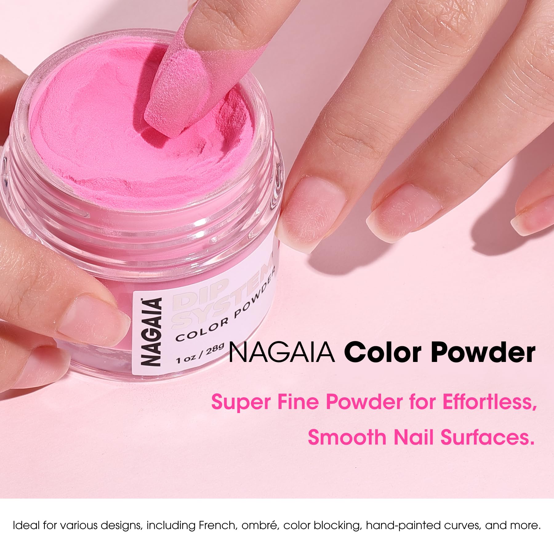 Model showing dark cabernet red nails with Nagaia powder