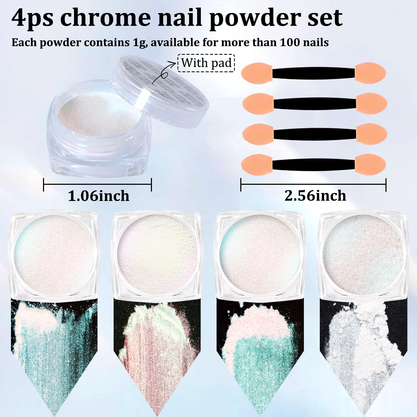 Close up of Siusio chrome nail powder jars showing iridescent pigment textures