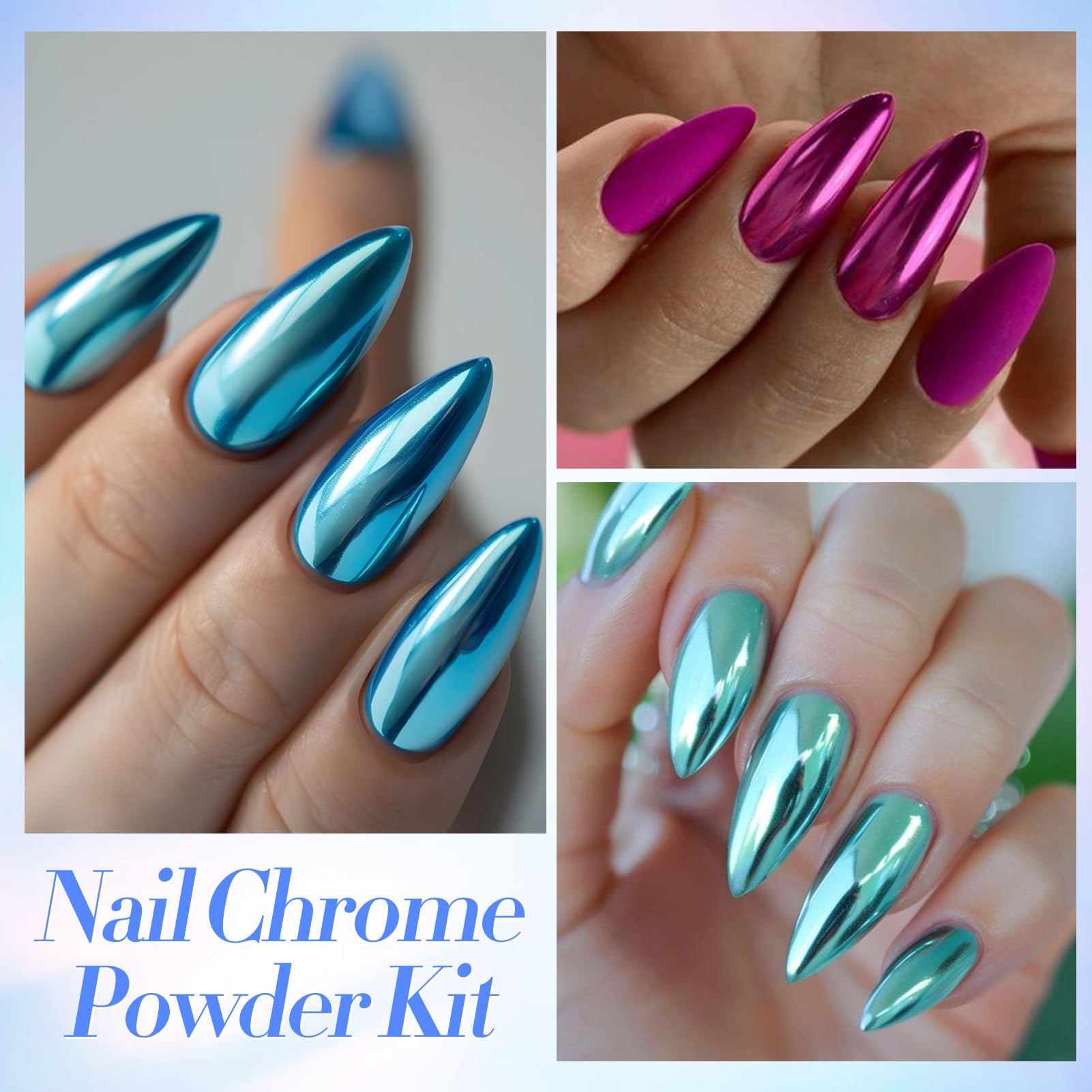 Close up of holographic chrome nail powder on gel polish