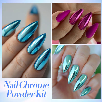 Close up of holographic chrome nail powder on gel polish
