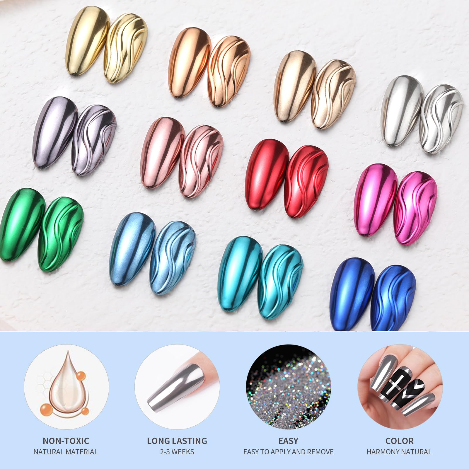 Professional manicure showing mirror effect nail art using chrome powder