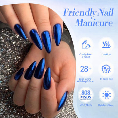 Applying silver mirror chrome powder to gel nail art