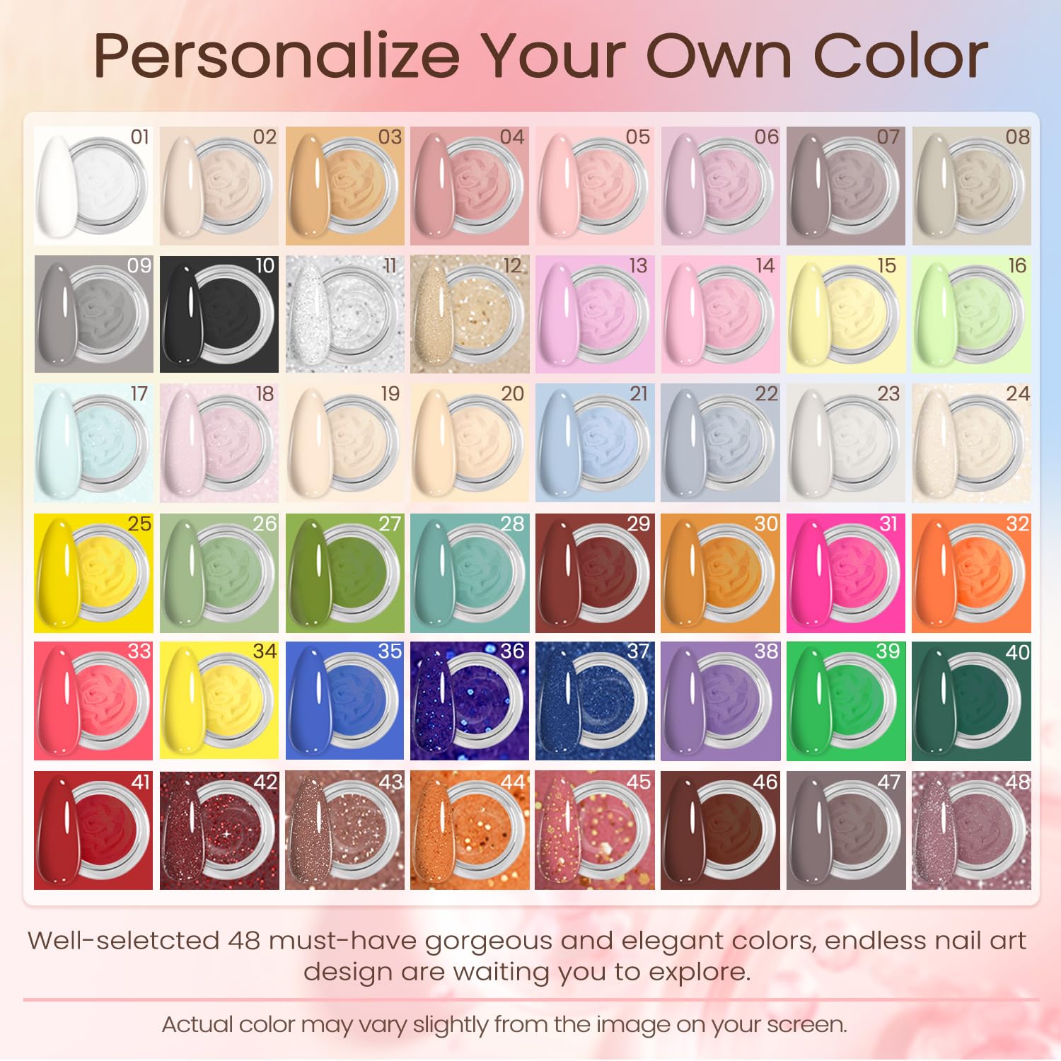 Detailed view of the 48 assorted dip powder jars in the kit