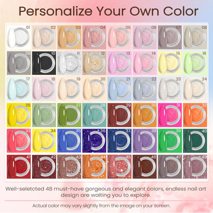 Detailed view of the 48 assorted dip powder jars in the kit