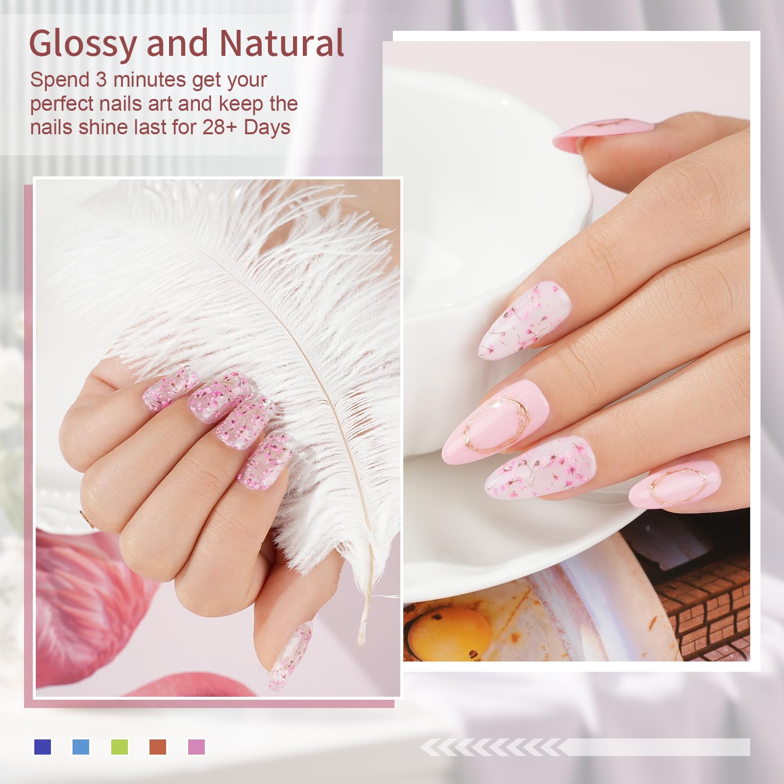 Eodci dipping powder container next to a finished pink manicure