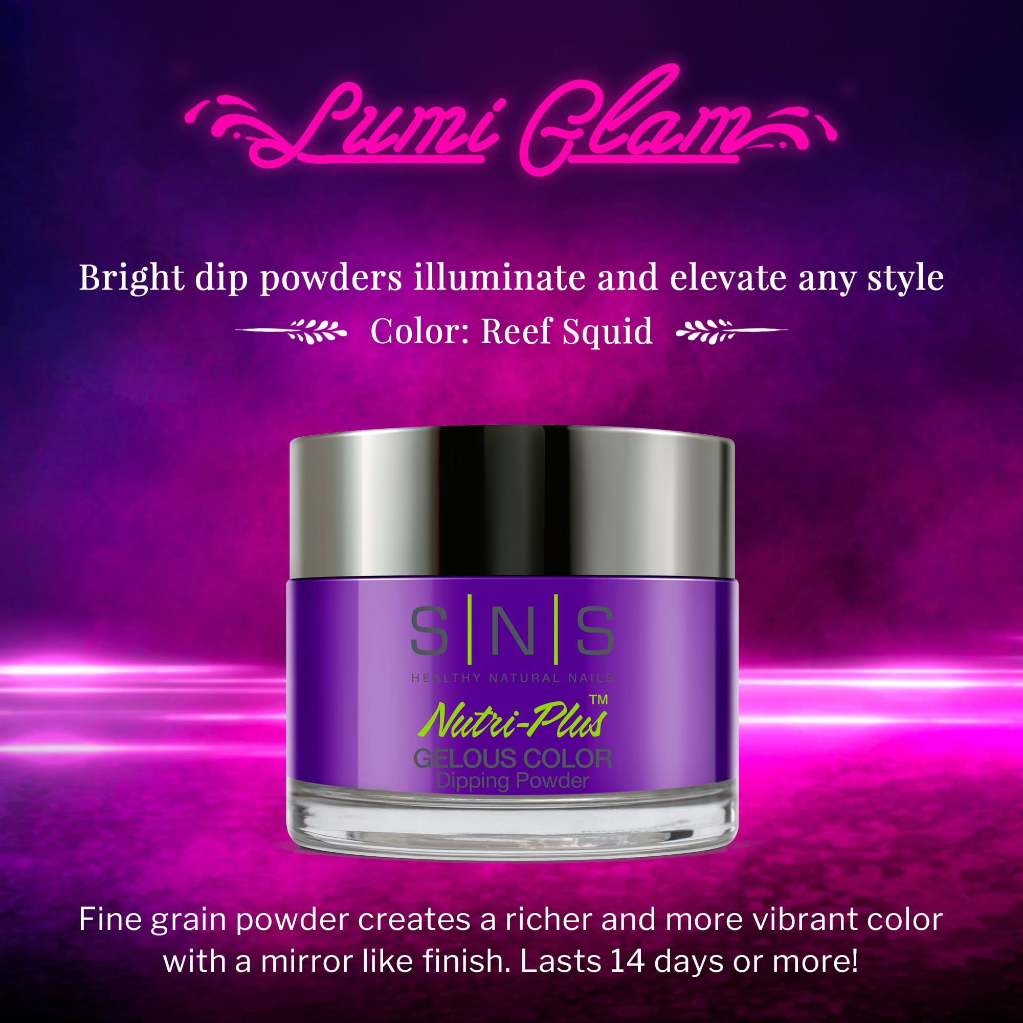 Close up of SNS Gelous Color neon purple dipping powder jar