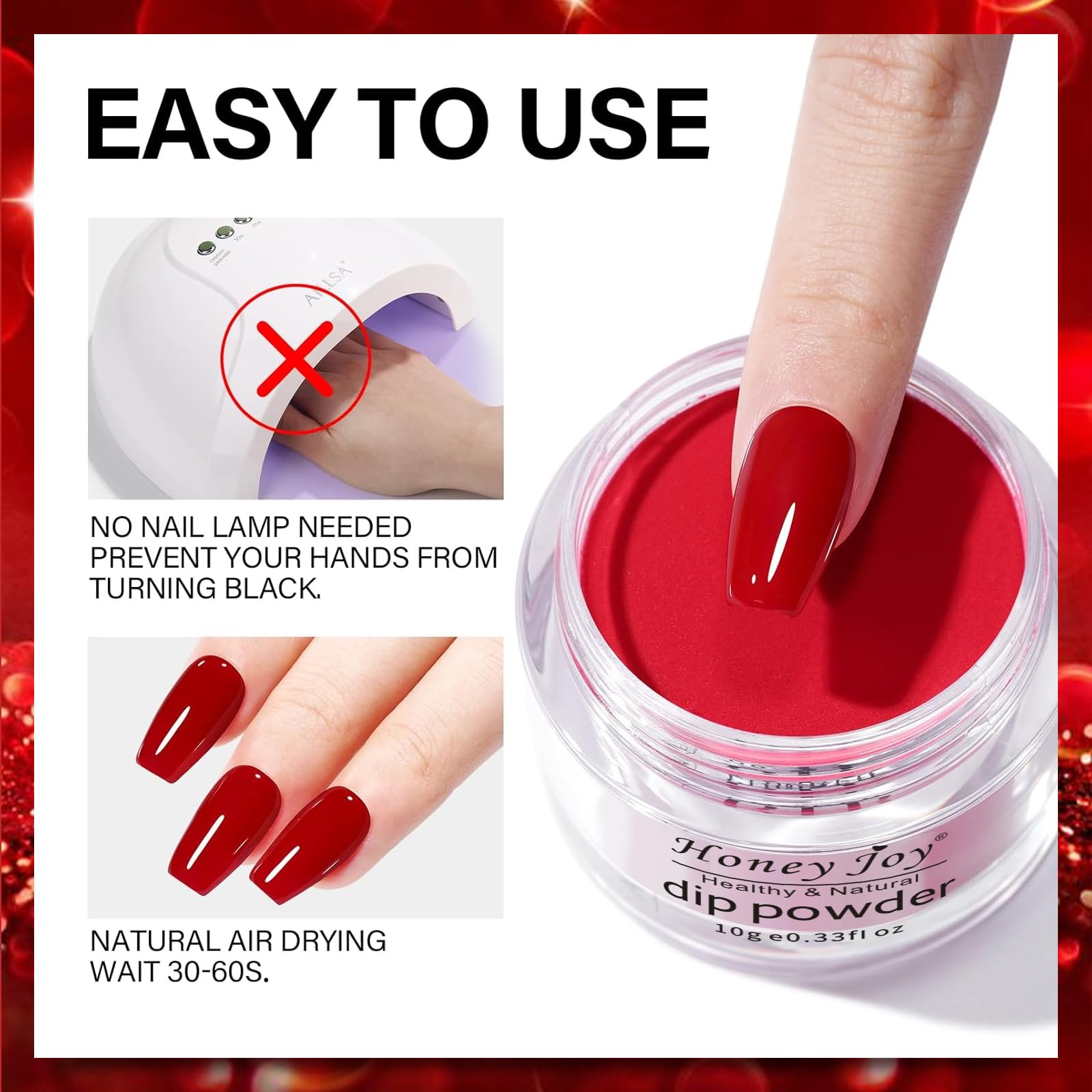 Six shades of Honey Joy classic red nail powder