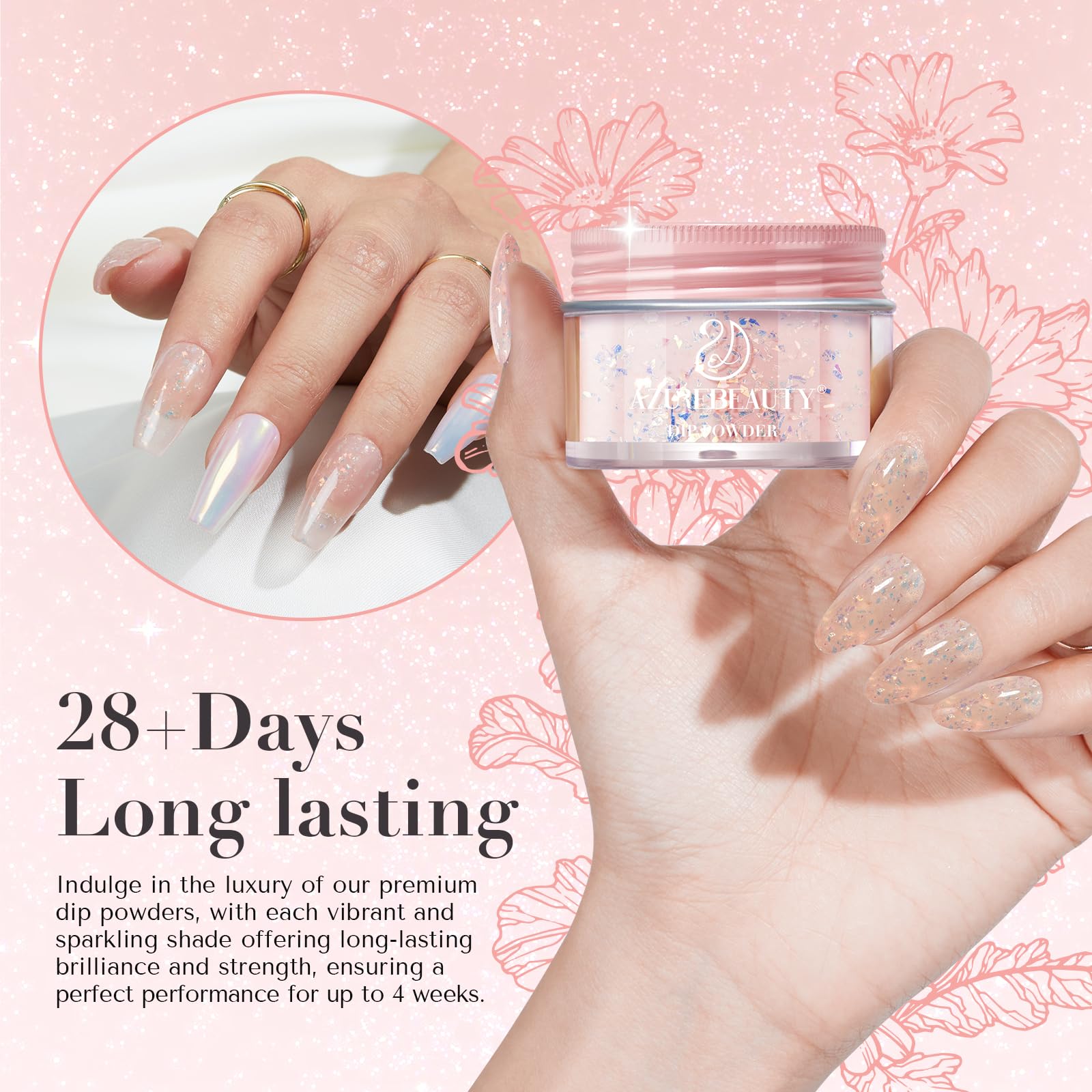 Hand showing manicure with Azurebeauty glitter pink powder