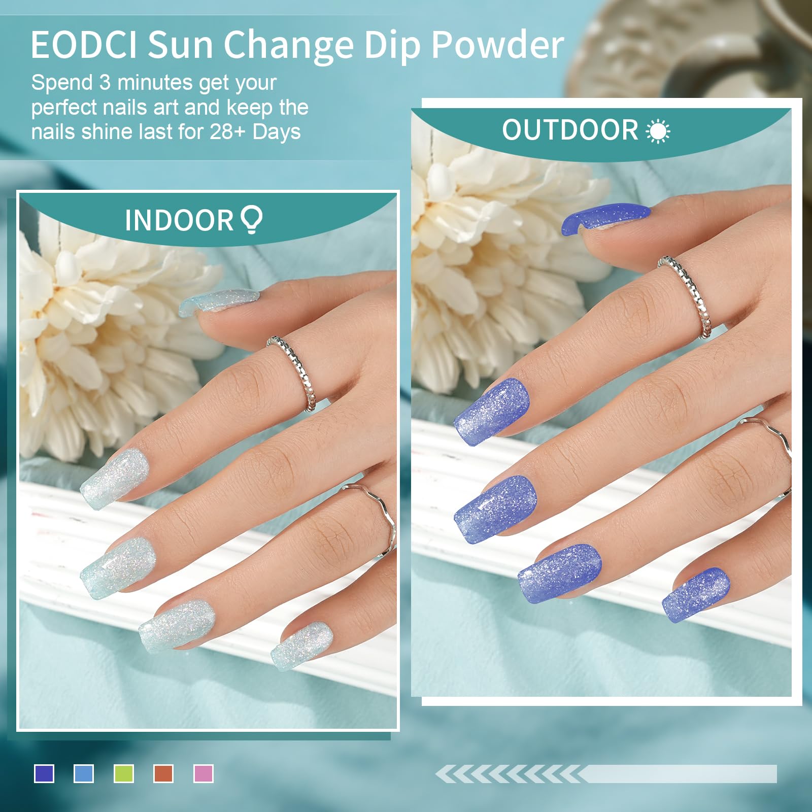 Comparison of nail powder shift from light blue to dark blue