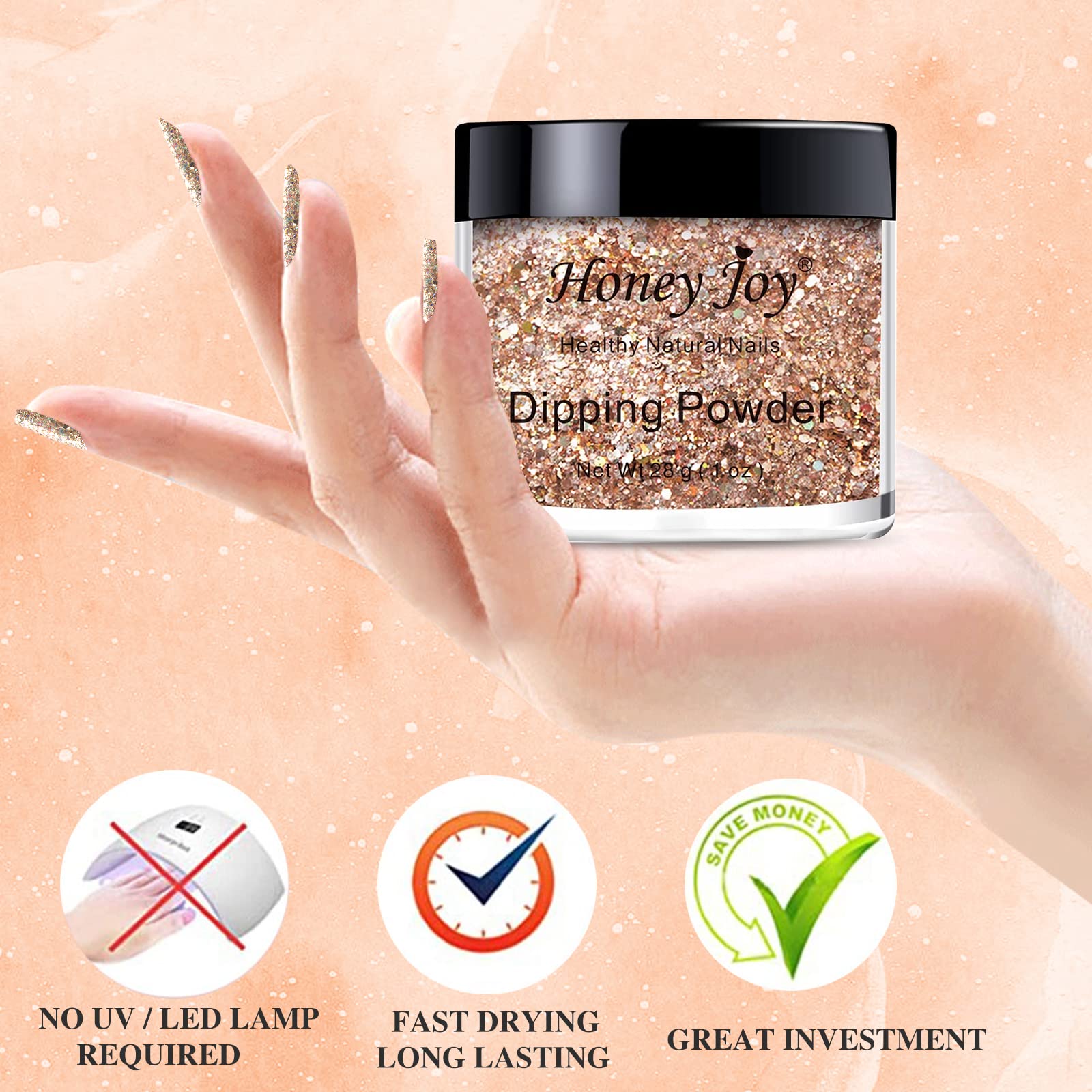 Hand model showing manicure with champagne glitter powder