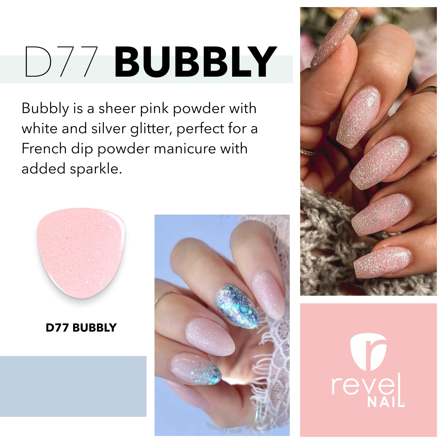Revel Nail dip powder container showing glittery pink texture