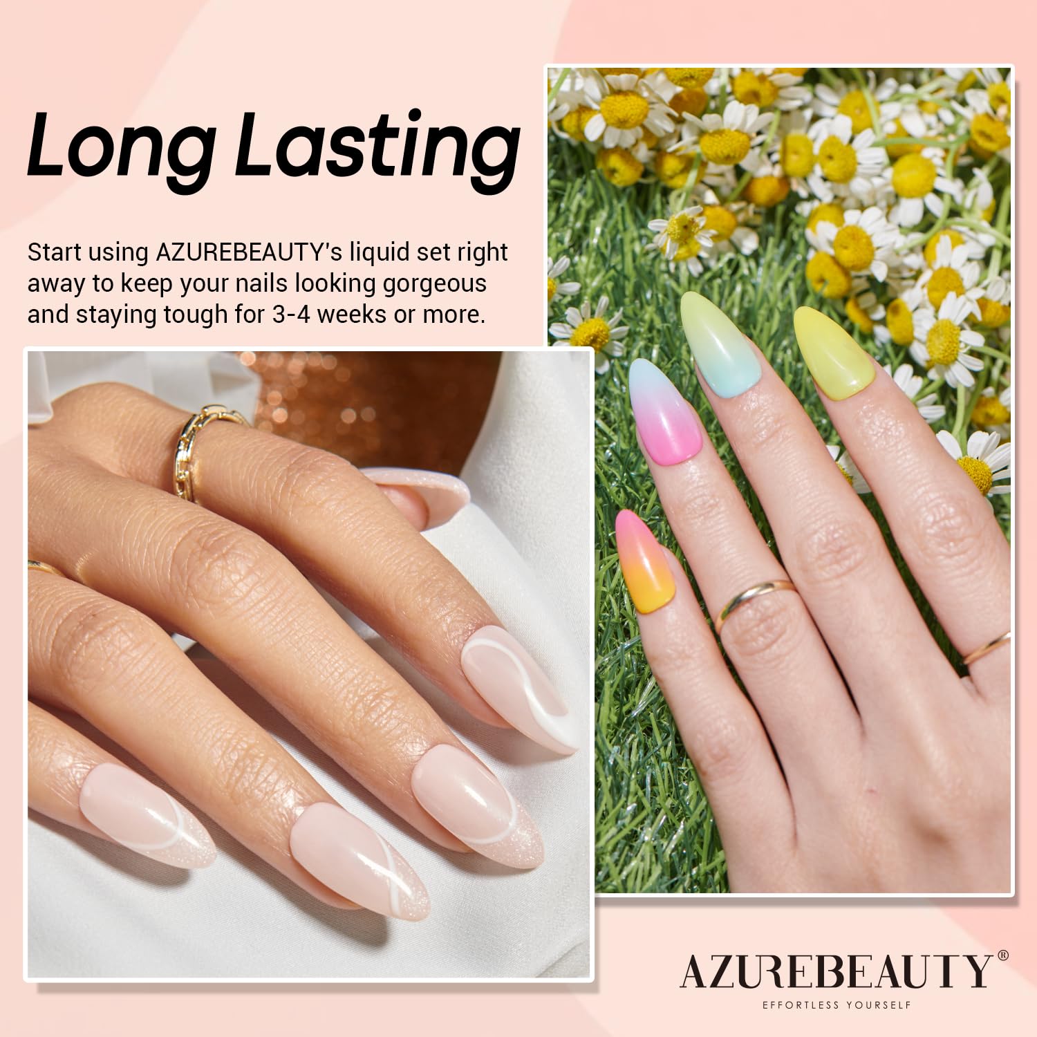 AZUREBEAUTY professional salon quality dip base foundation bottle highlighting long wearing product features