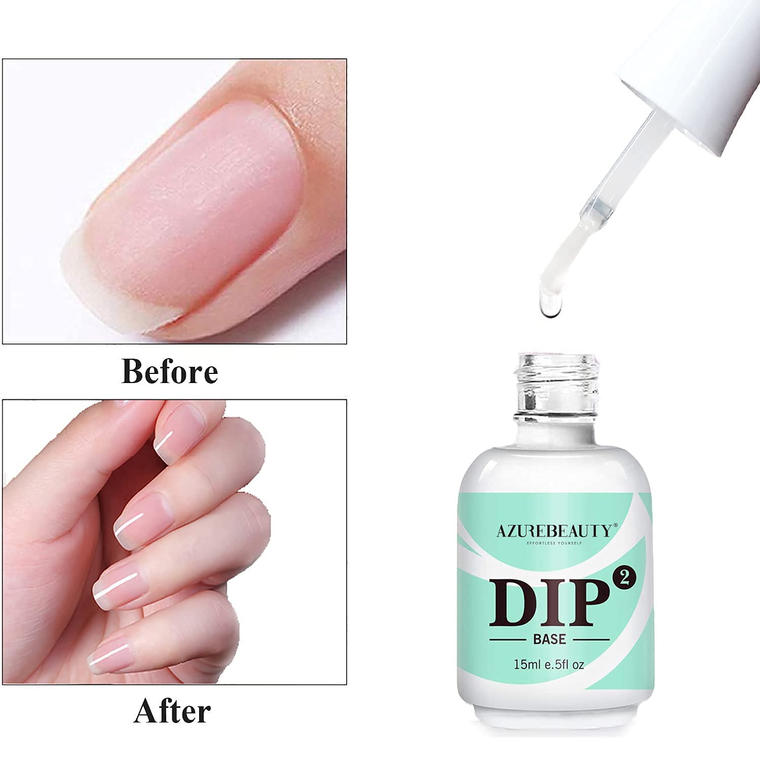 Opaque white ceramic bottle of AZUREBEAUTY dipping powder base coat liquid for DIY manicures