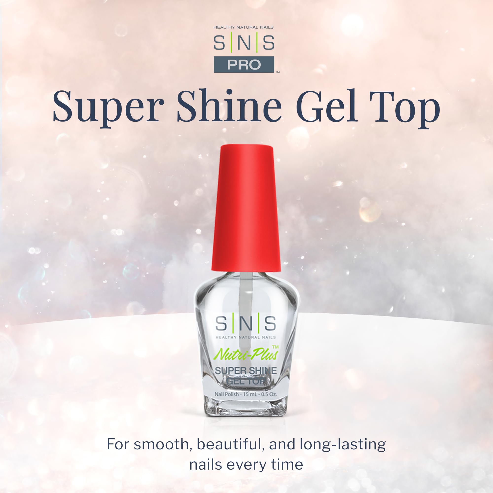 SNS Nutri Plus Super Shine Gel Top polish bottle showcasing the applicator brush