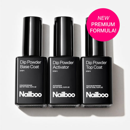 Three half fluid ounce bottles of Nailboo essential dip liquids arranged neatly on a clean background.