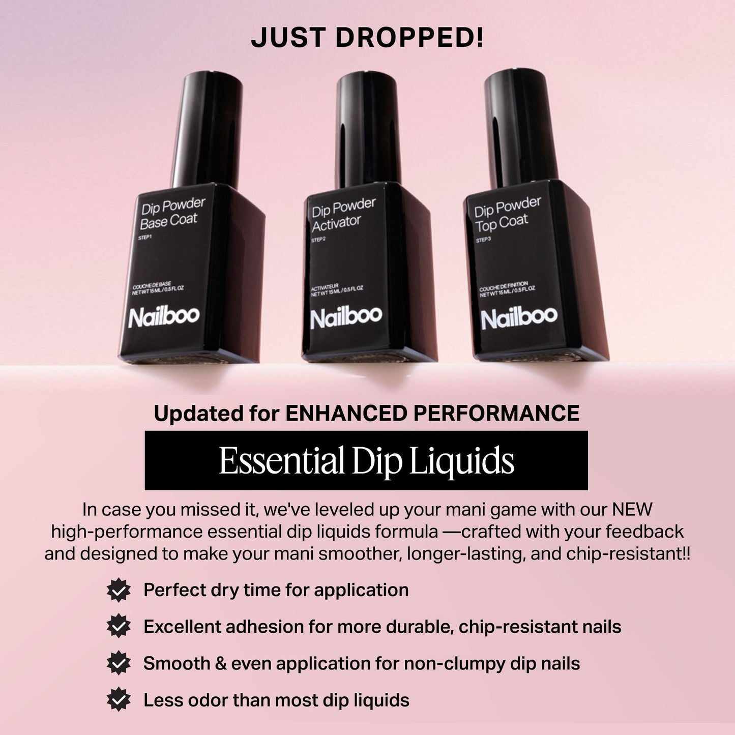 Nailboo chip resistant base coat activator and glossy top coat trio set.