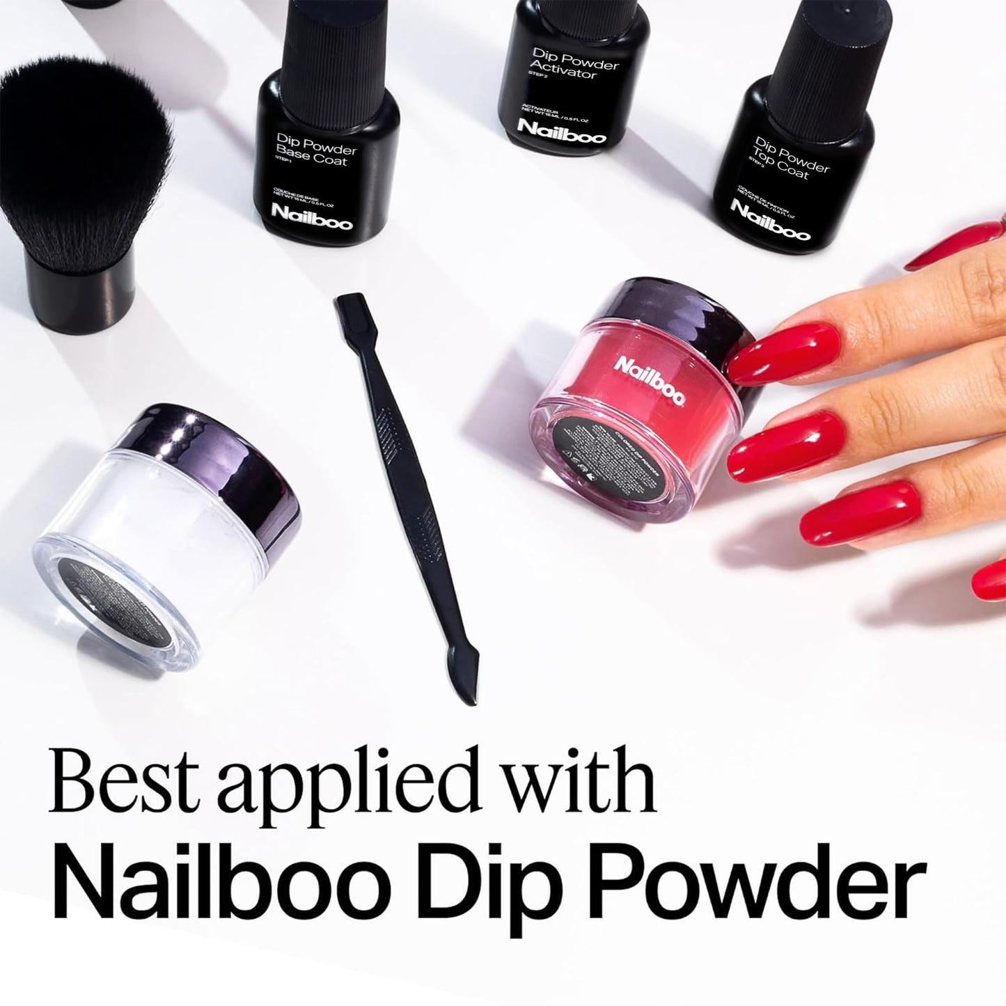 Packaging details of the Nailboo essential liquids bundle for beginner friendly dip manicures.