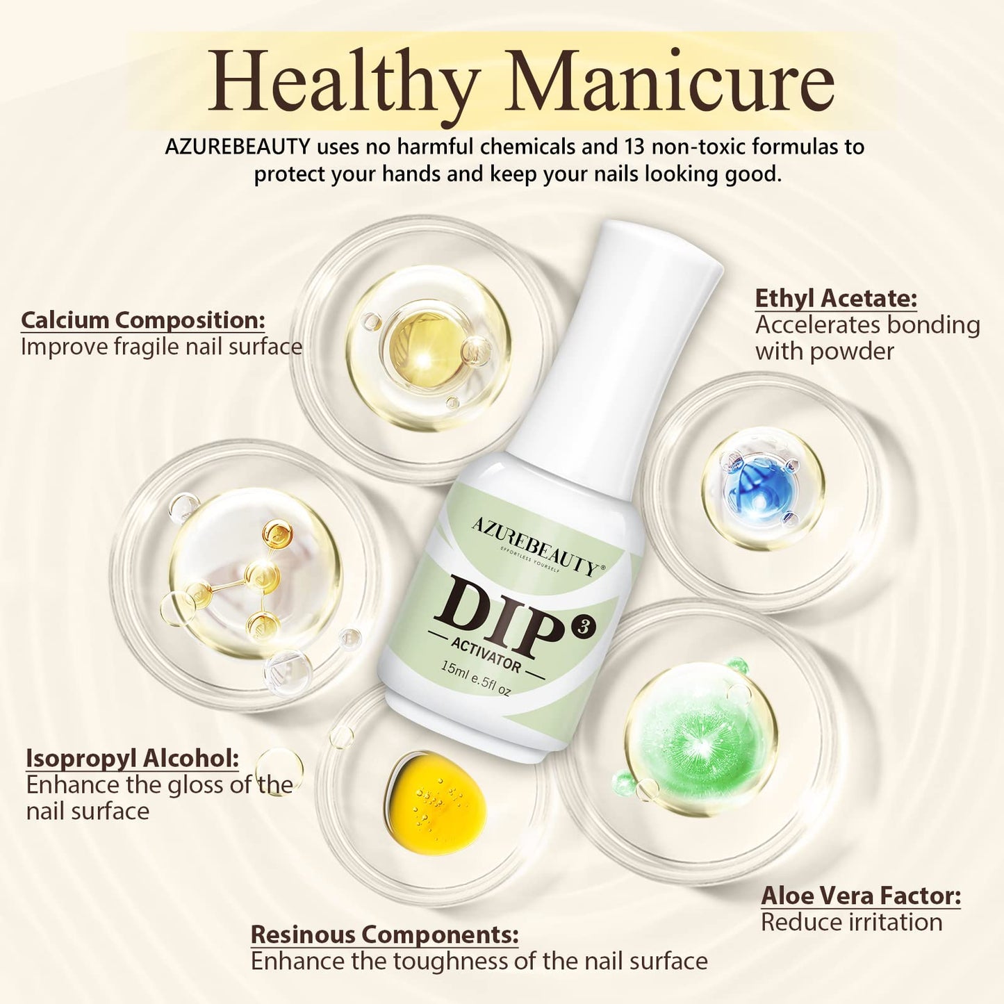 Close up view of the application brush dripping liquid activator onto dipped fingernails