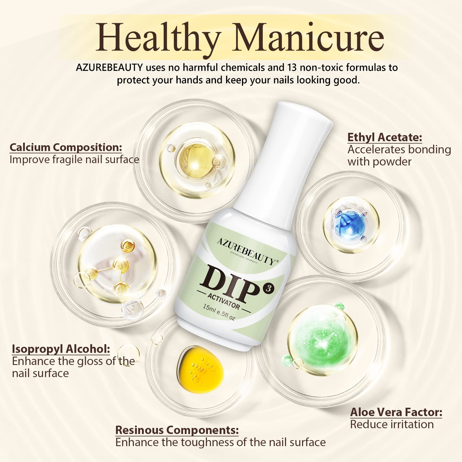Close up view of the application brush dripping liquid activator onto dipped fingernails