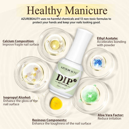 Close up view of the application brush dripping liquid activator onto dipped fingernails
