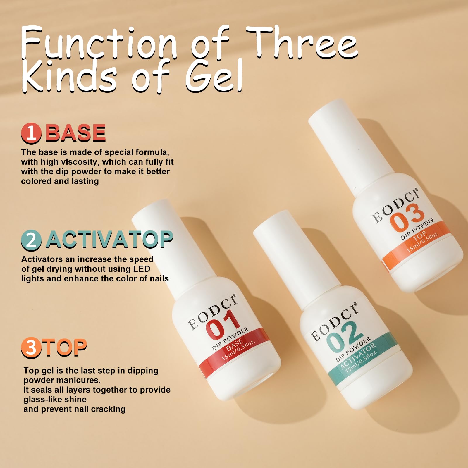 Three piece salon grade dip liquid set with glossy finish bottles