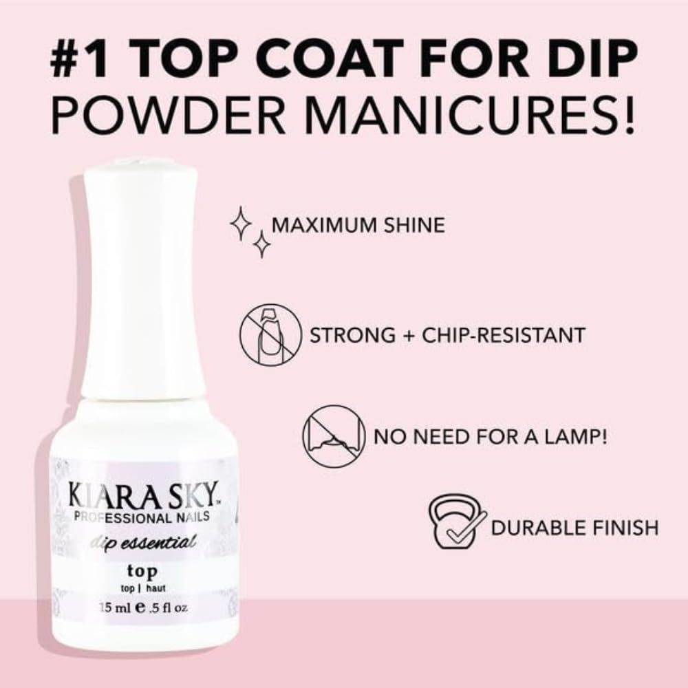 Kiara Sky Professional Nails Dip Top Coat clear gloss fluid bottle display.