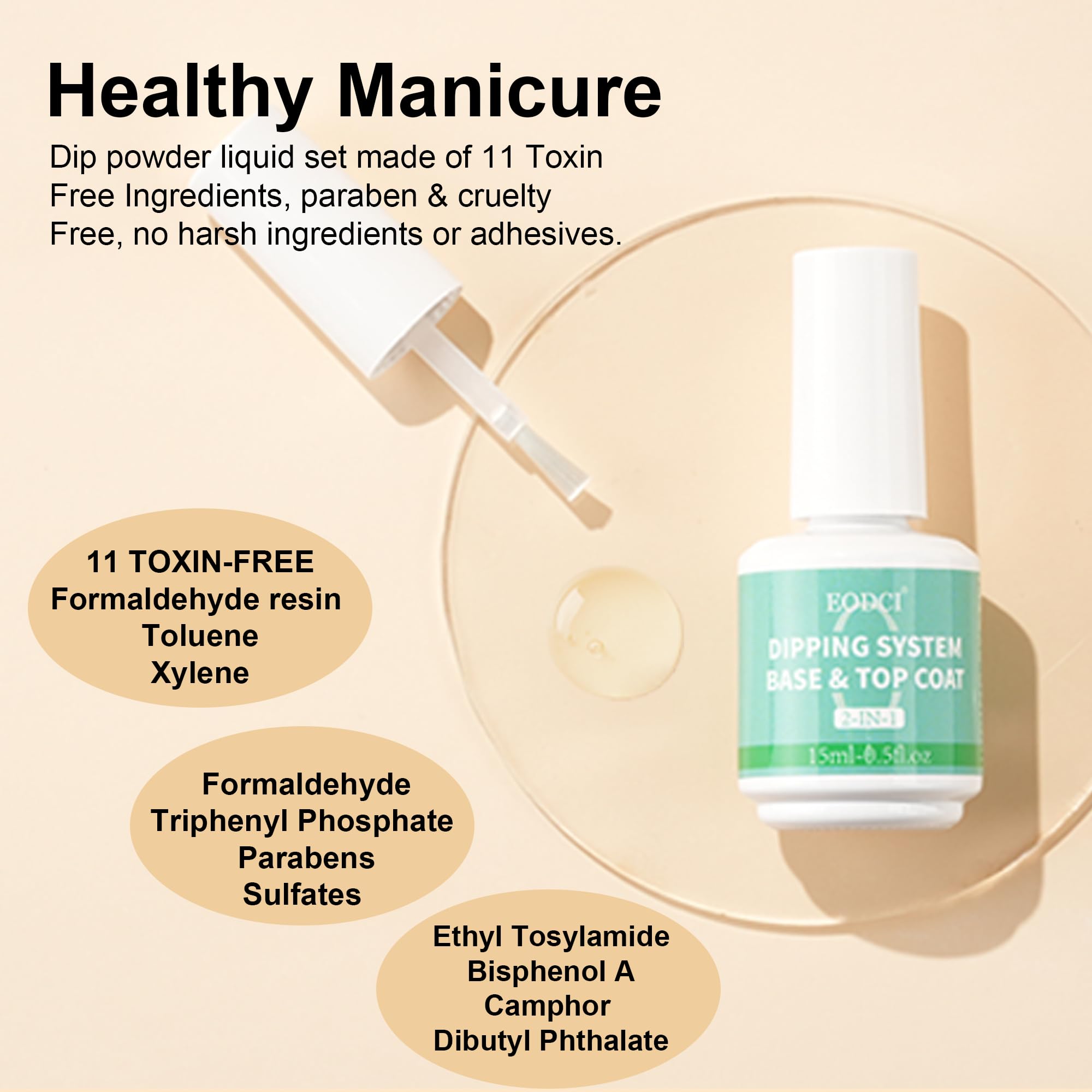 Eodci 15 milliliter dip powder base and top coat bottles