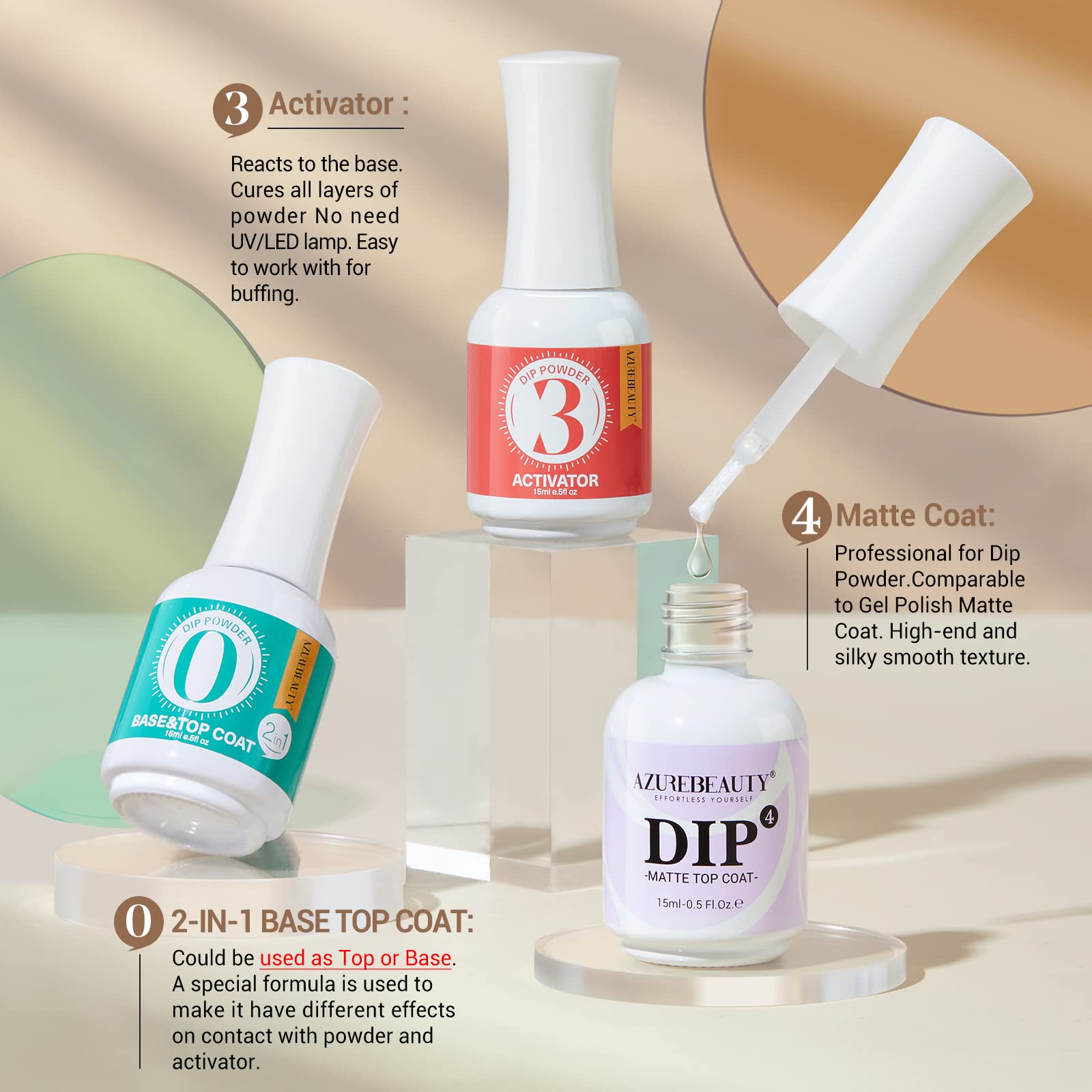 AZUREBEAUTY dip liquid kit showcasing the three piece essential collection for long lasting chip resistant nail art.