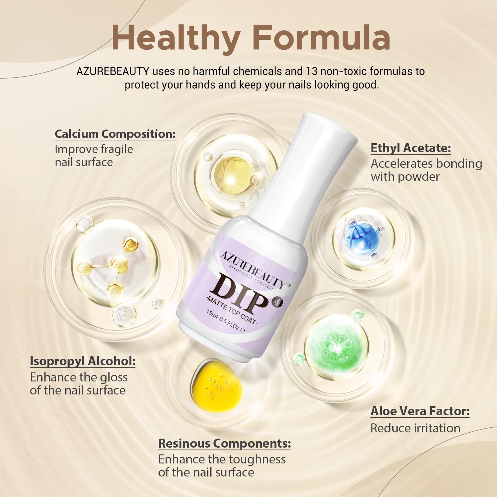 Authentic USA imported AZUREBEAUTY dip powder liquid system arranged on a clean professional salon counter.