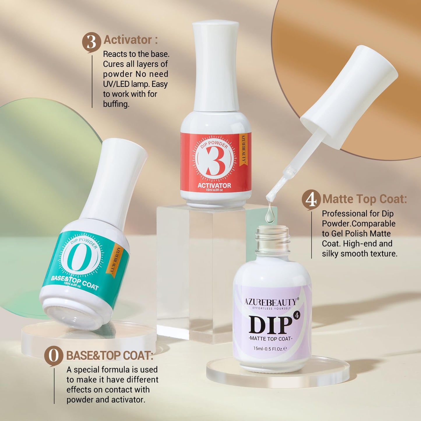 AZUREBEAUTY base and top coat bottle beside the activator liquid illustrating the quick air dry application step.