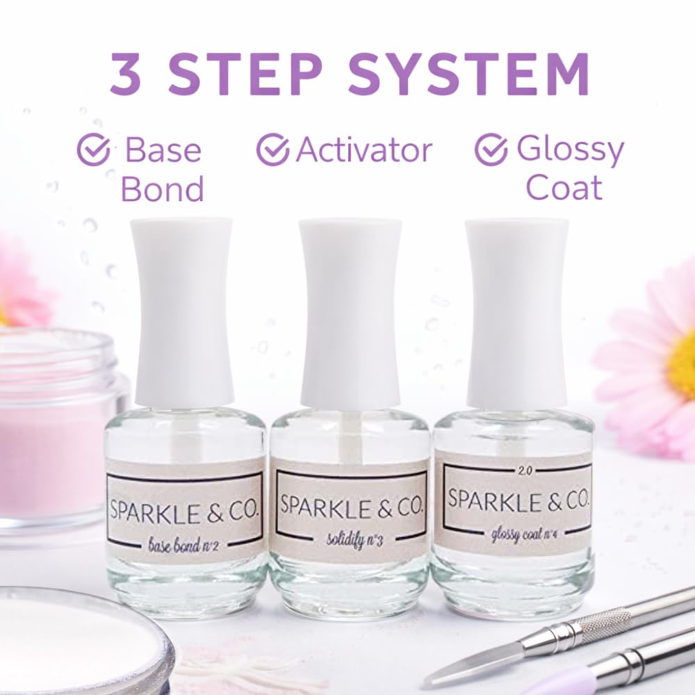 Sparkle & Co. professional dip powder system showing Step 1 Base Bond adhesive liquid formula bottle.