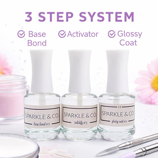 Sparkle & Co. professional dip powder system showing Step 1 Base Bond adhesive liquid formula bottle.