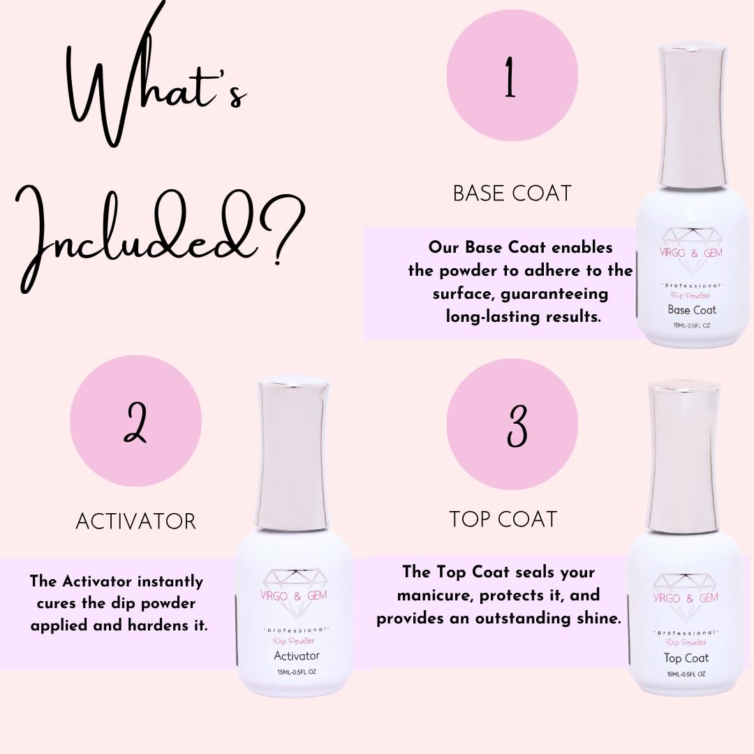 Virgo and Gem professional dip liquid set fifteen milliliter bottles with silver caps on clean background