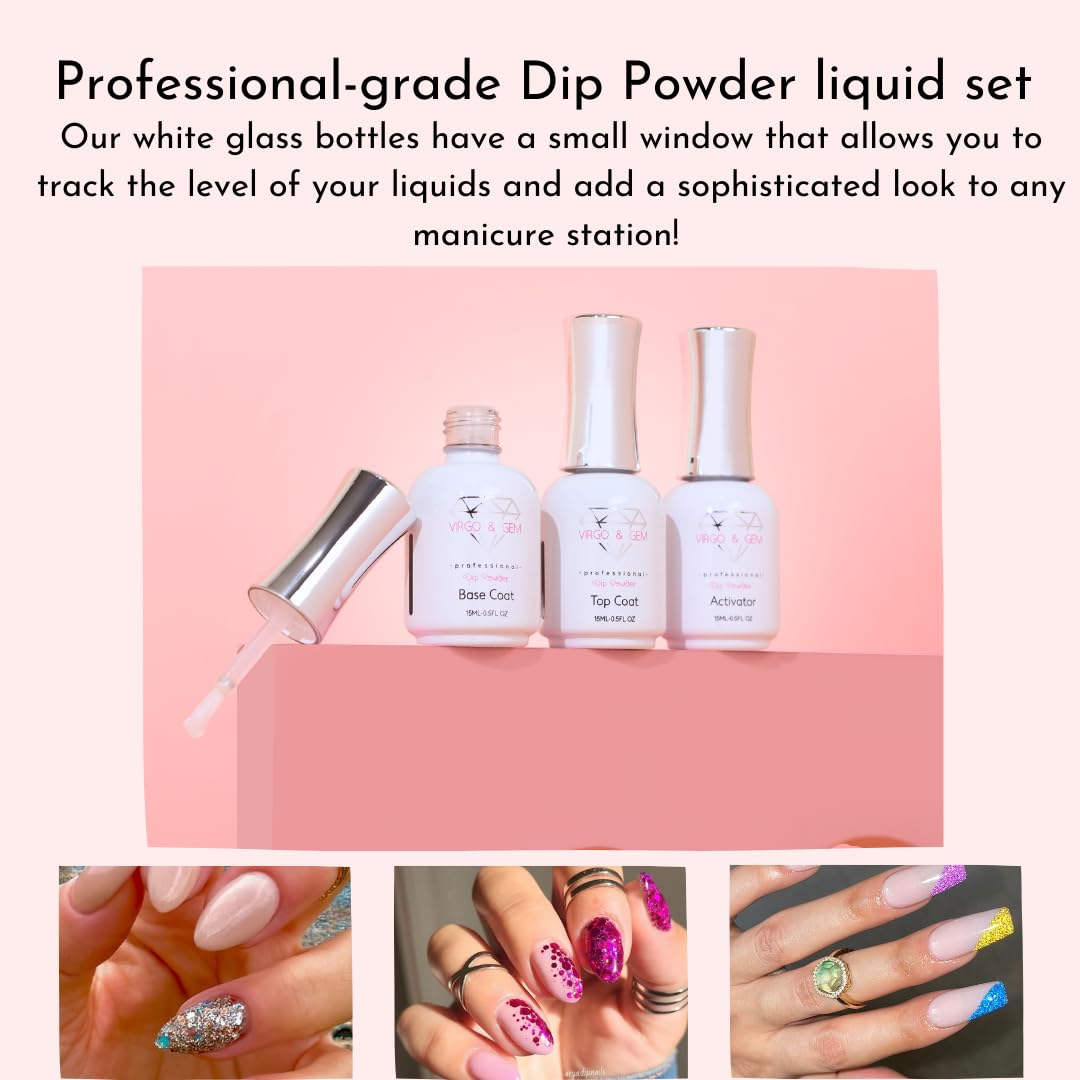 Virgo and Gem dip powder liquid kit demonstrating the clear glass design with transparent fluid level strip