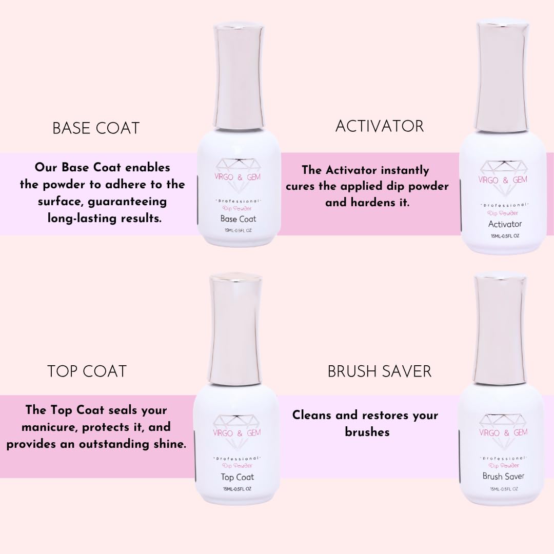 Close up of Virgo and Gem fifteen milliliter salon grade dipping powder application liquids