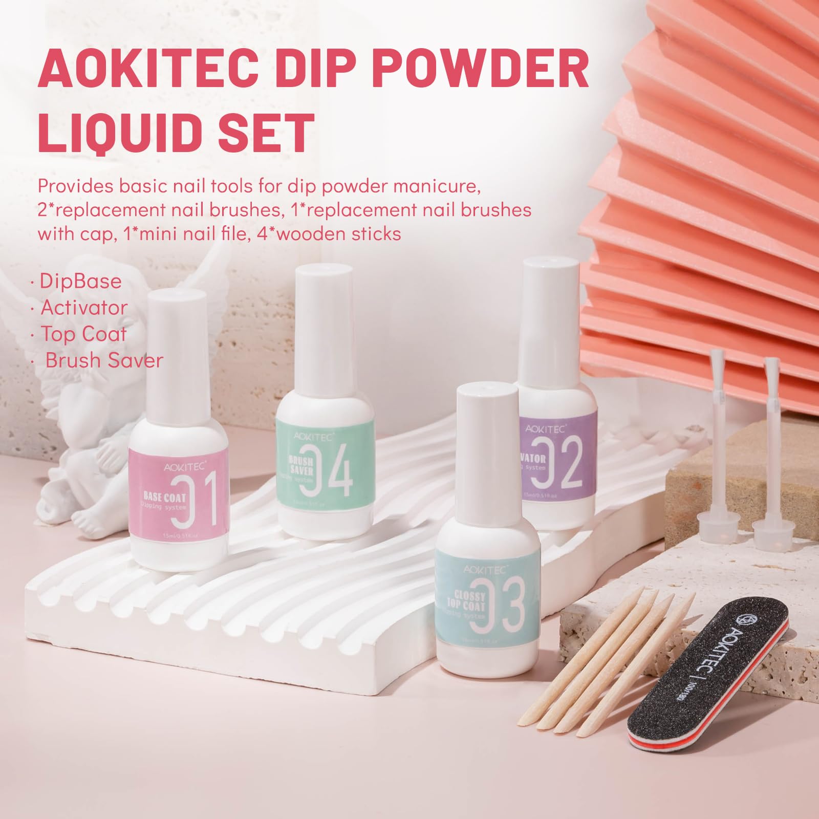 Aokitec professional nail dipping liquids displaying base coat activator and top coat