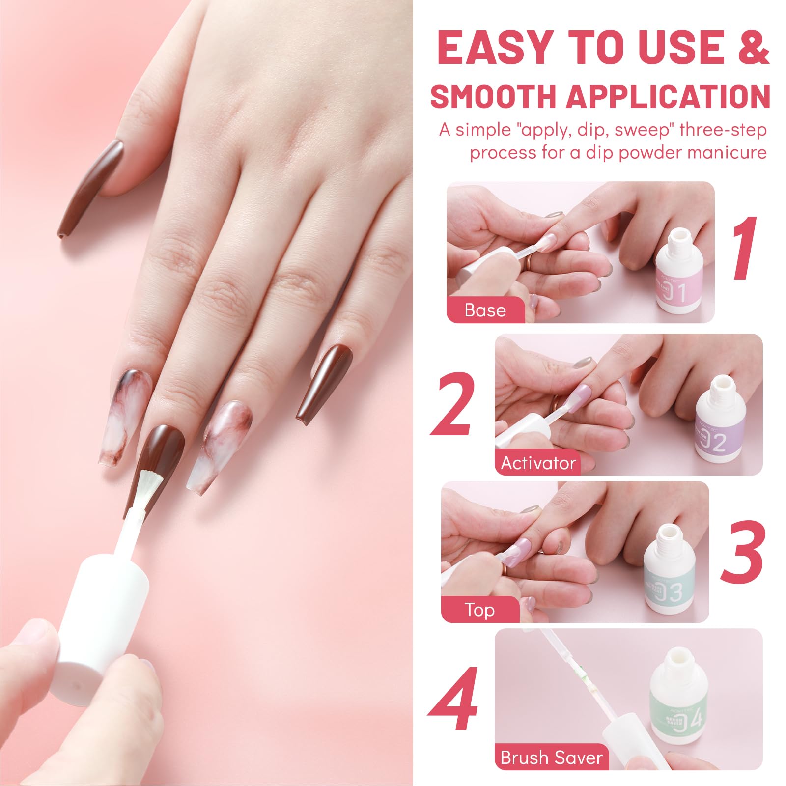 Aokitec twelve piece dip powder liquid set package contents on a clear background