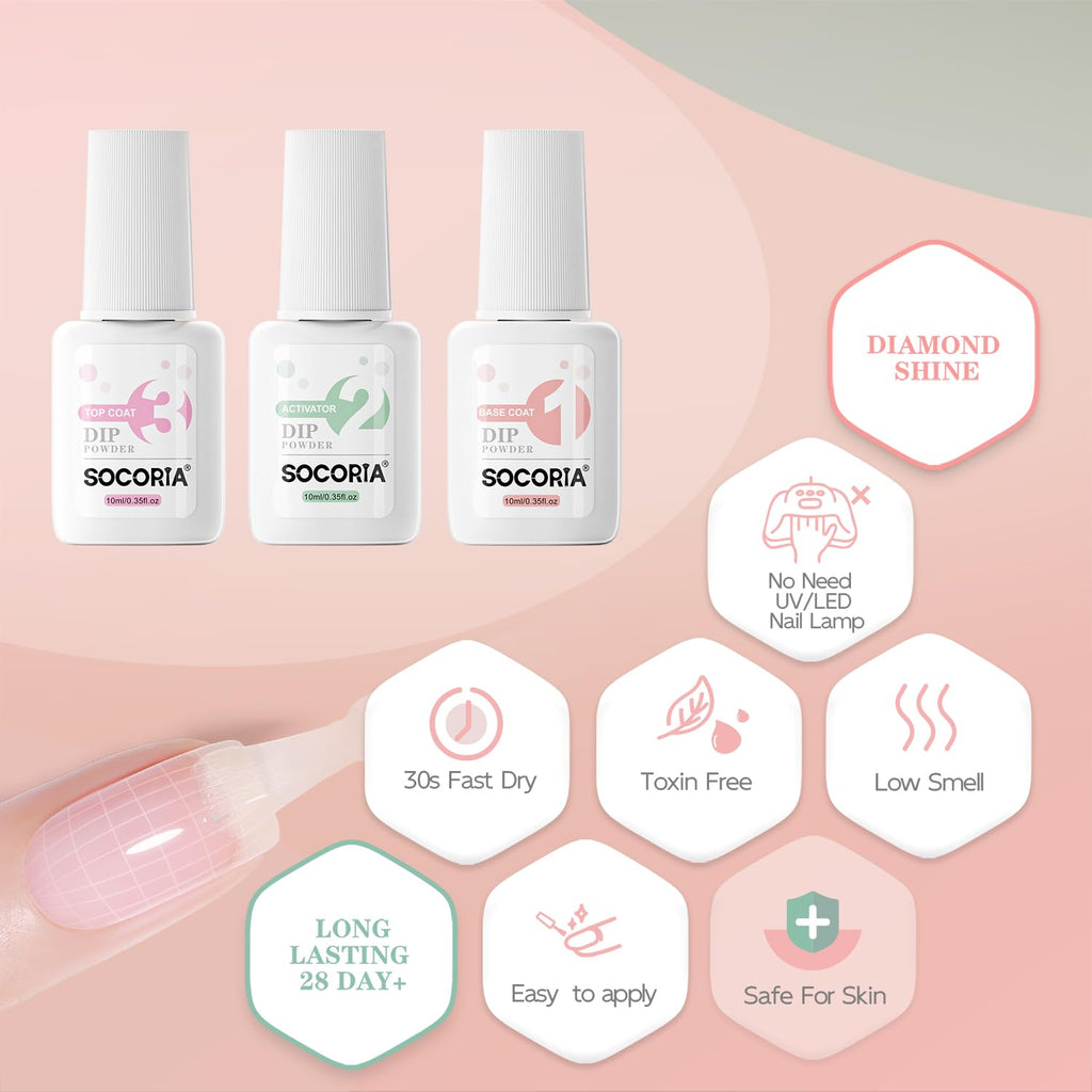 Socoria base coat activator and top coat bottles closeup