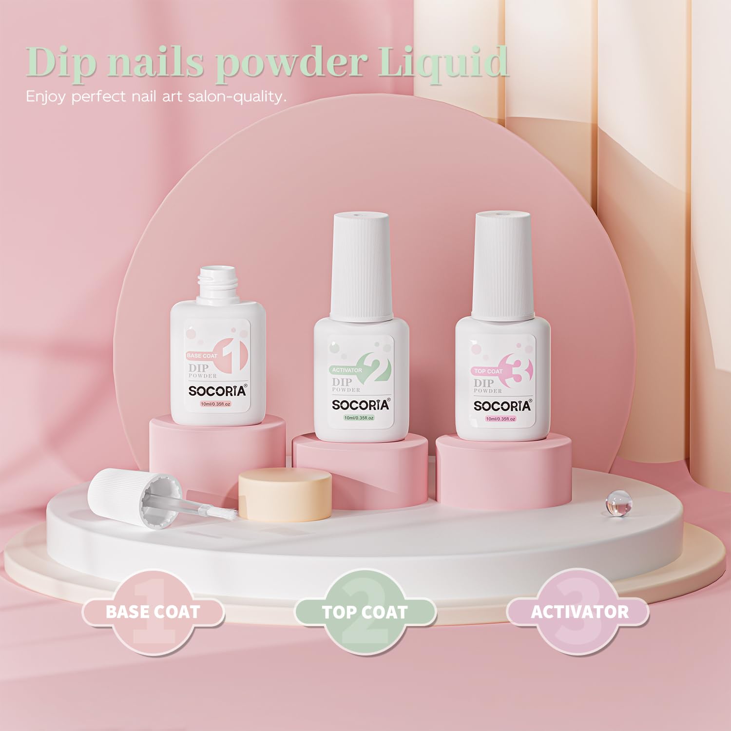 Three zero point three five ounce bottles of SOCORIA nail dip liquid arranged neatly showing product labels clearly