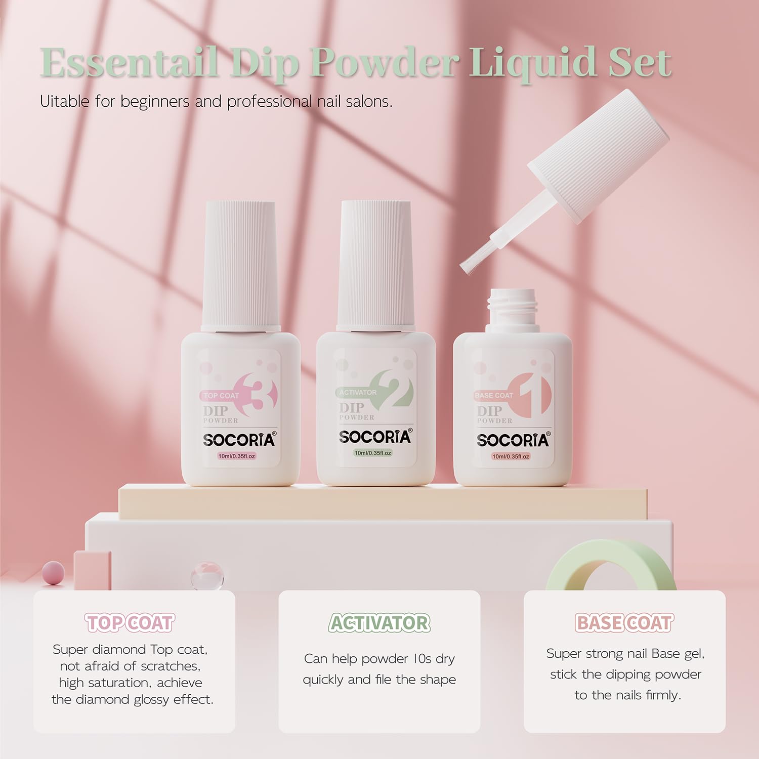 The high gloss finish on manicured fingernails after applying the SOCORIA top coat liquid layer