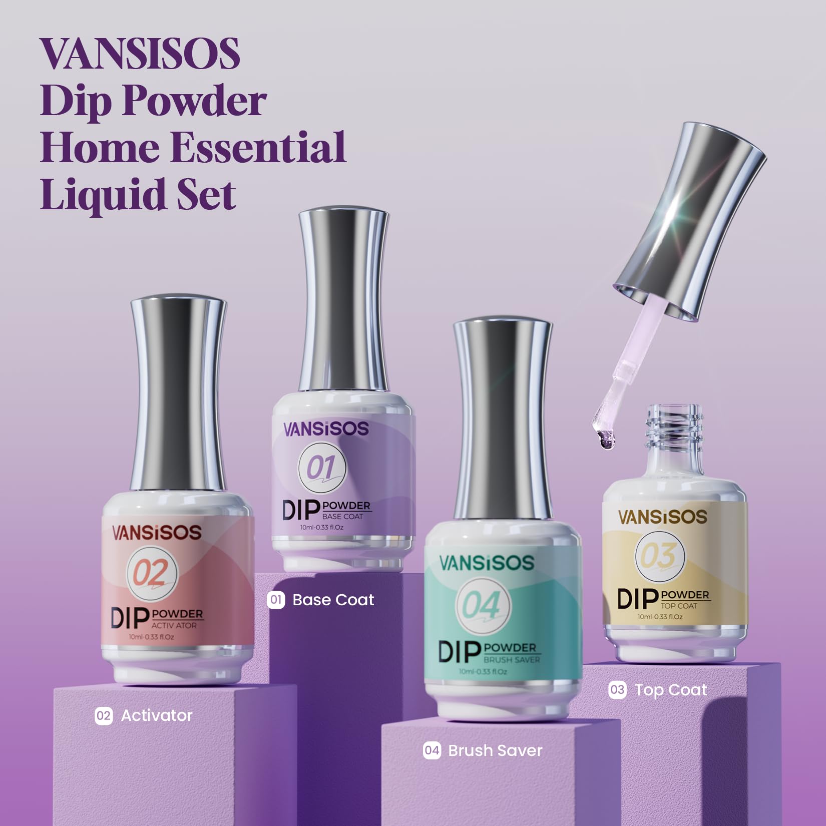 Vansisos 4-piece dip nail system showcasing base coat and activator steps.